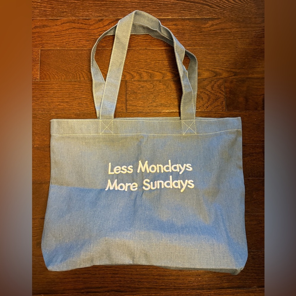 Denim Zipper Tote Bag with Slogan “Less Mondays More Sundays”